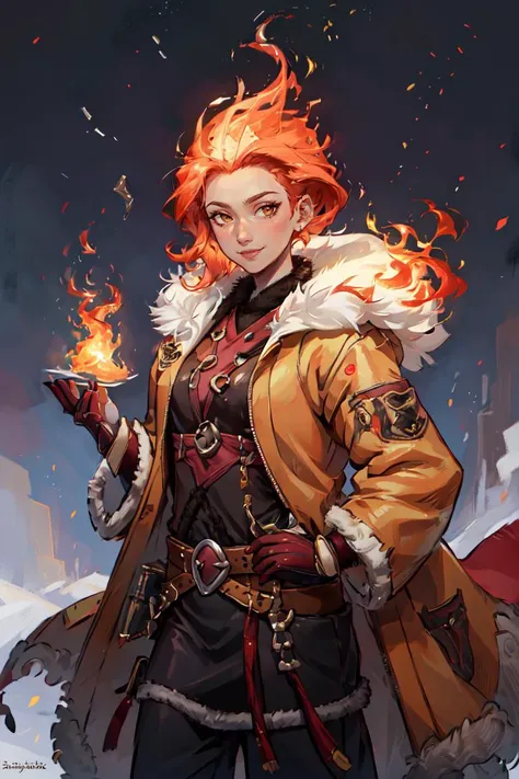 a woman with red hair and a coat holding a fire