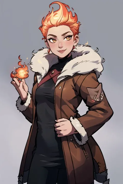 a woman with red hair and a brown jacket holding a fire