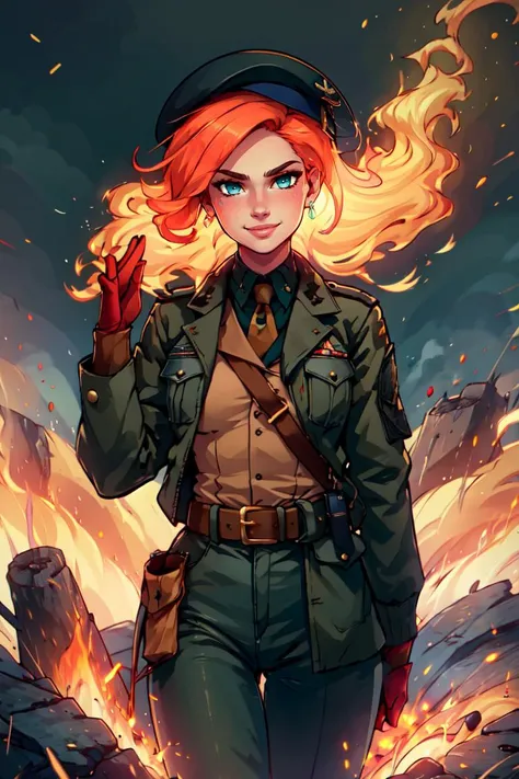 a woman in uniform standing in front of a fire