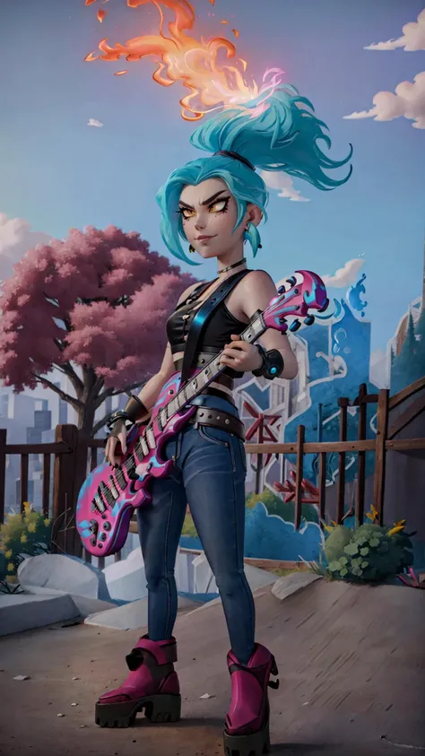 a woman with blue hair and a pink guitar stands on a skateboard