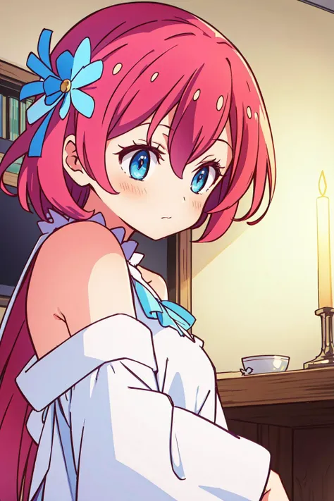 anime girl with pink hair and blue eyes in a room