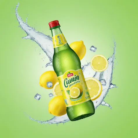 a close up of a bottle of lemonade with lemons around it