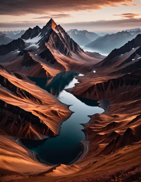 copperu, An inverted mountain range, with the peaks touching the sky, and the valleys filling up the ocean. A surreal and mesmerizing image, reminiscent of the work of Ansel Adams.