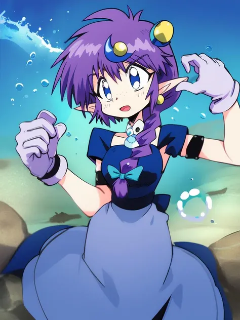 <lora:Arara_Cocoa:1>ãAraraCocoa, underwater, solo, pointy ears, braid, crescent hair ornament, purple hair, dress, air bubble, gloves, 1girl, bubble, blue dress, 1boy, male focus, open mouth,sky, masterpiece, high quality, very_high_resolution, large_fil...