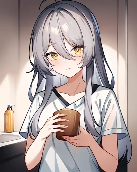 anime girl with long gray hair holding a cup of coffee