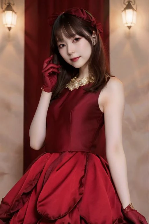 a close up of a woman in a red dress posing for a picture