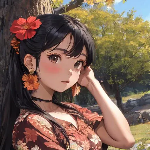 anime girl with flower in hair leaning against tree