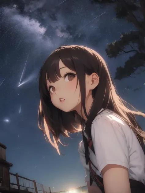 a woman with long hair standing in front of a building under a night sky