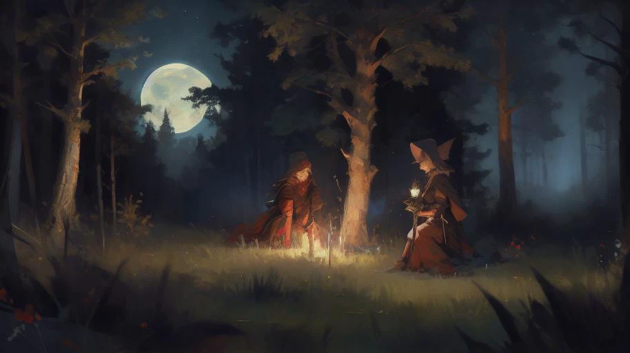 two people in red robes standing in a forest at night