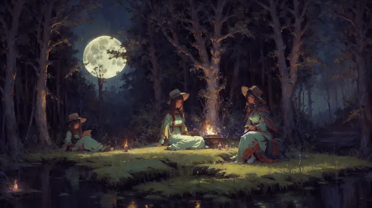 a painting of a group of people sitting around a fire