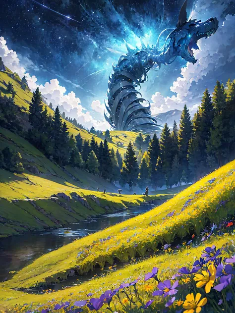 a painting of a dragon flying over a lush green hillside