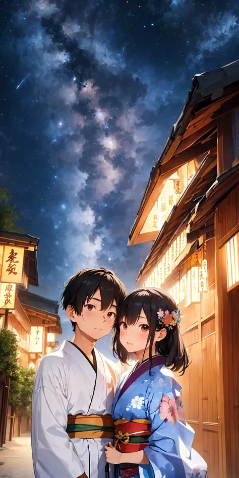masterpiece, best quality, (1 boy and 1 girl:1.3), couple, beautiful and detailed art, decorate bamboo branches with strip of paper, milky way, Tanabata, the beauty of romance and the power of dreams in Japanese culture, Vega, Altair, kimono, starry sky