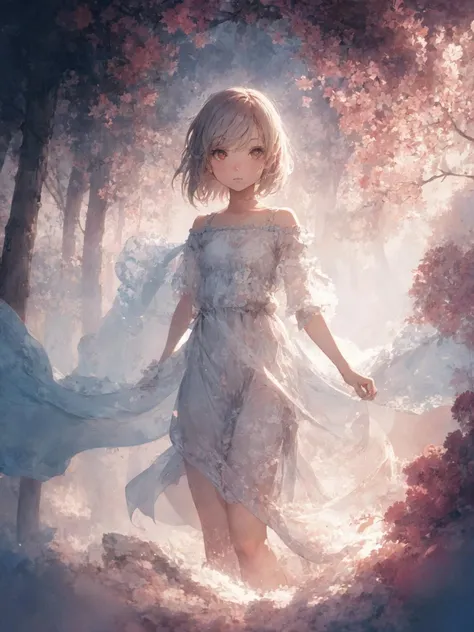 a woman in a white dress walking through a forest