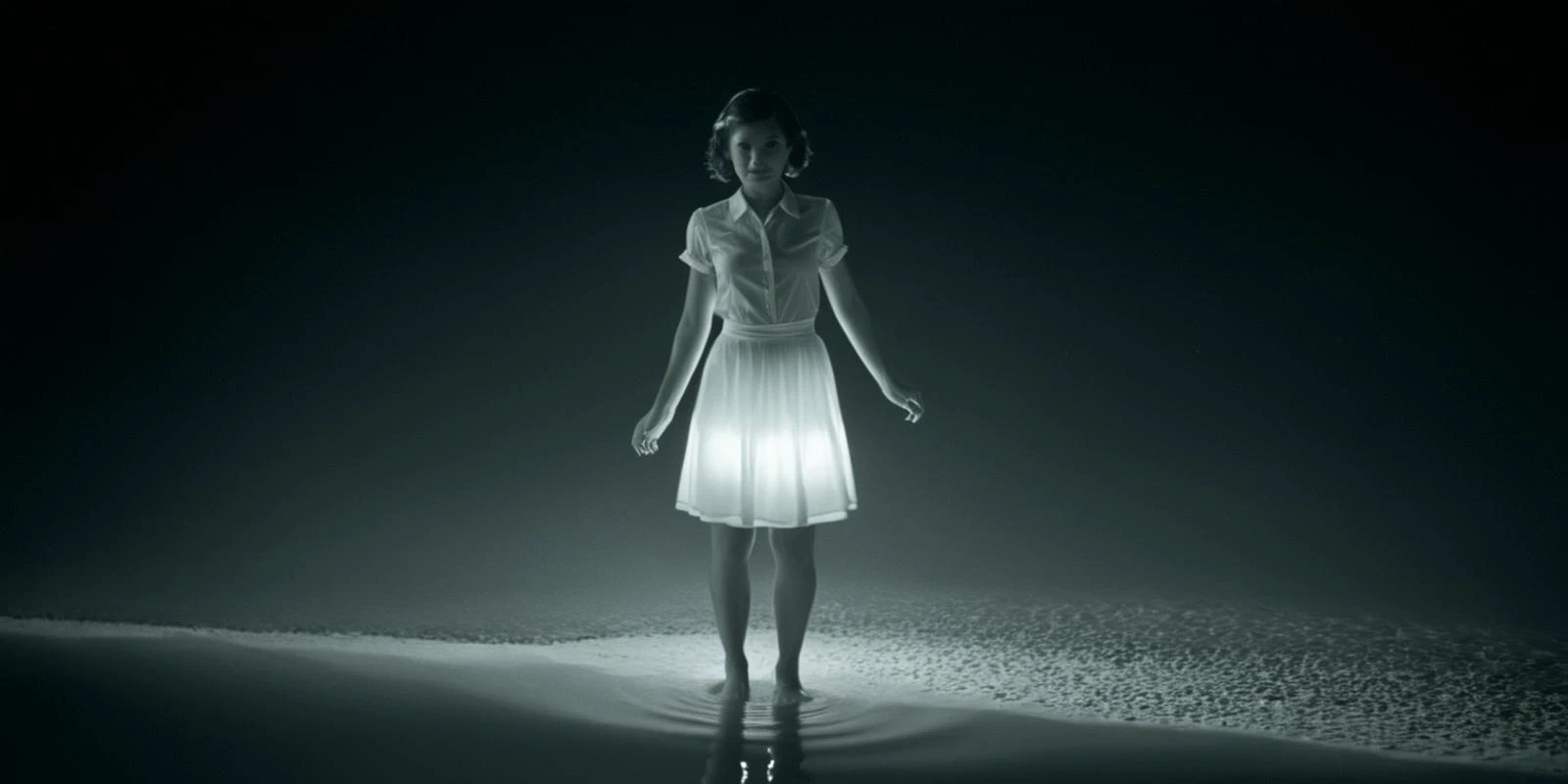 a woman in a white dress standing on a beach at night