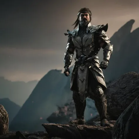 cinematic film still of  <lora:Mortal Kombat style:0.9>
FerraTorr,Ferra,Torr,Unidentified symbiotic race,a man in a costume standing on a rock,solo,1boy,male focus,armor,muscular,glowing,facial hair,muscular male,shoulder armor,beard,pauldrons,embers , Liv...