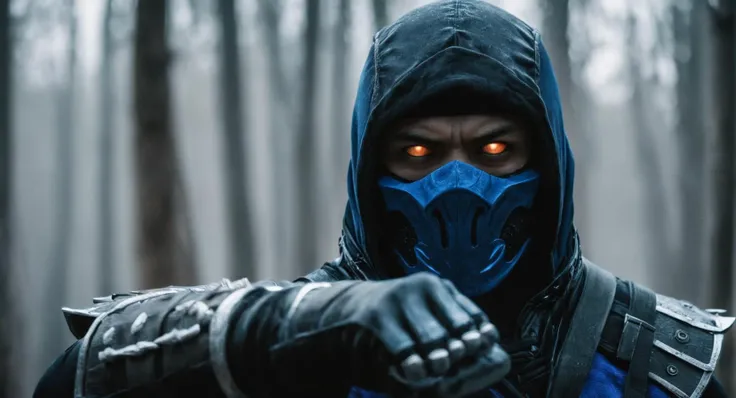 cinematic film still of  <lora:Mortal Kombat style:1>
Mortal Kombat style, fictional universe consisting of numerous realms, a man with half side and half side,a mix between sub-zero and scorpion,with fire and ice,white eyes,ninja costume,closeup,staring a...