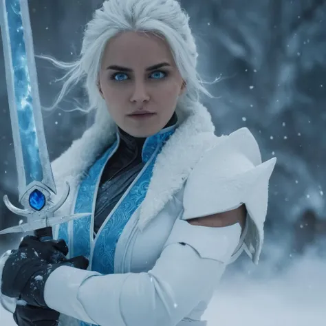 cinematic film still of  <lora:Mortal Kombat style:1>
Mortal Kombat style, fictional universe consisting of numerous realms, Frost,ice,cold,storm,winter,blue,frozen hair,white hair,grey,snow,a woman in a white suit holding a sword,1girl,solo,1boy,weapon,ma...