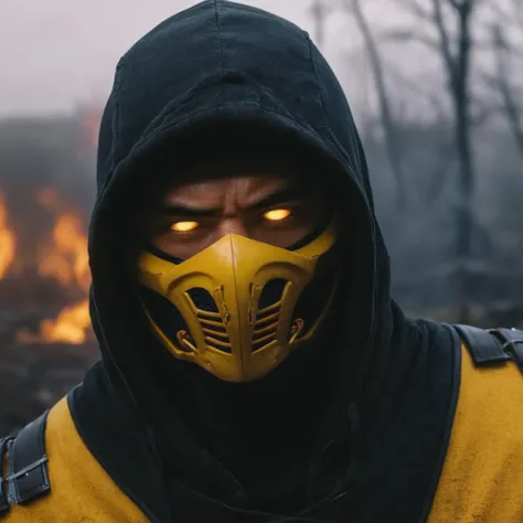 cinematic film still of  <lora:Mortal Kombat style:1>
Mortal Kombat style, fictional universe consisting of numerous realms, Scorpion,yellow golden outfit,wraith,Hanzo Hasashi,white sclera,a man in a hoodie standing in a field of fire,solo,1boy,yellow eyes...