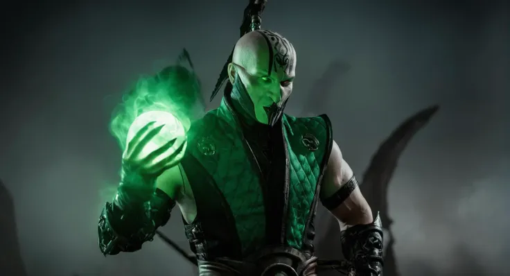 cinematic film still of  <lora:Mortal Kombat style:1>
Mortal Kombat style, fictional universe consisting of numerous realms, Quan Chi,bald,white skin,demonic sorcerer,Tattoo,gothic,a man with a green light on his arm,1boy,weapon,male focus,armor,glowing,he...