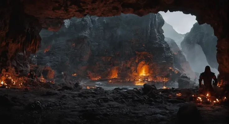 cinematic film still of  <lora:Mortal Kombat style:1>
Mortal Kombat style, fictional universe consisting of numerous realms, a scene of a cave with a fire and a waterfall in hell,horns,no humans,fire,claws,monster,ruins,cave,molten rock , Live-action, whit...