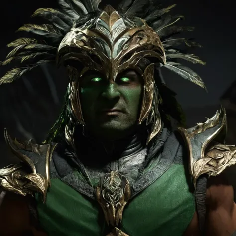 cinematic film still of  <lora:Mortal Kombat style:1>
Mortal Kombat style, fictional universe consisting of numerous realms, Kotal Kahn,native Outworlder,green skin,golden armor,a man with a bird on his head,solo,simple background,1boy,male focus,armor,col...