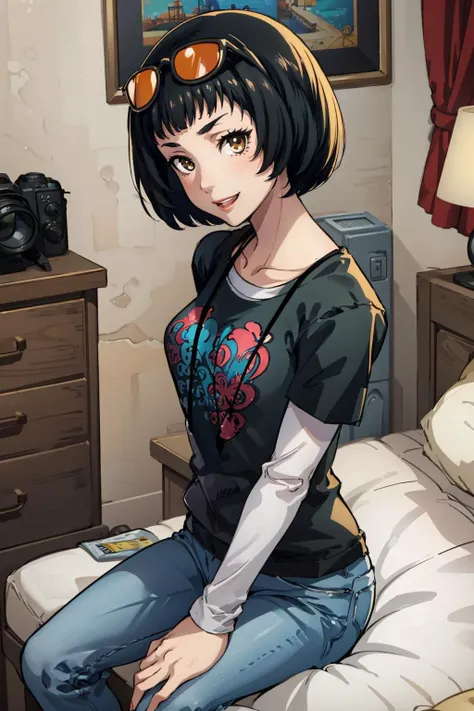 masterpiece, best quality,  <lora:CHAR-OhyaIchiko:1> bedroom, sitting, looking at viewer, OhyaIchiko, short hair, bob cut, eyewear on head, black t-shirt, layered sleeves, jeans, from above, smile, furrowed brow