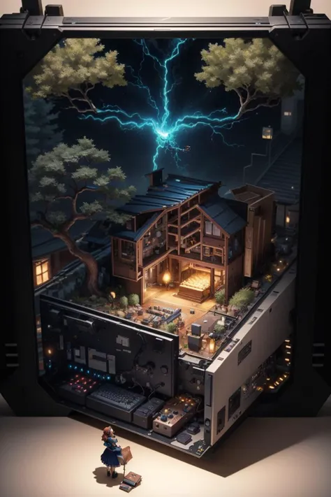 a picture of a small house with a lightning bolt coming out of it