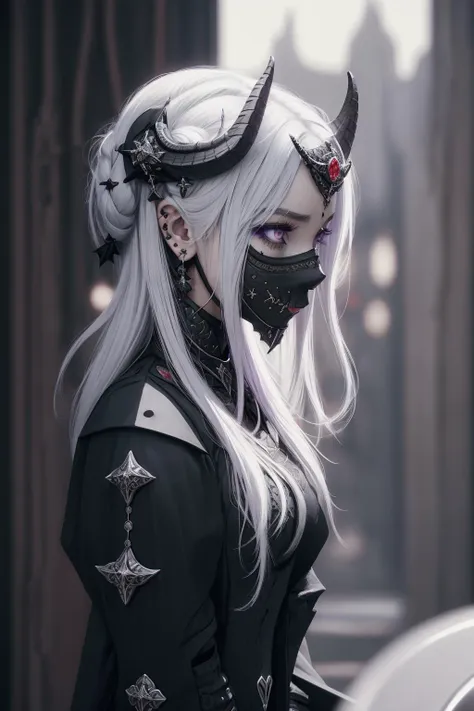 a woman with white hair and horns wearing a mask