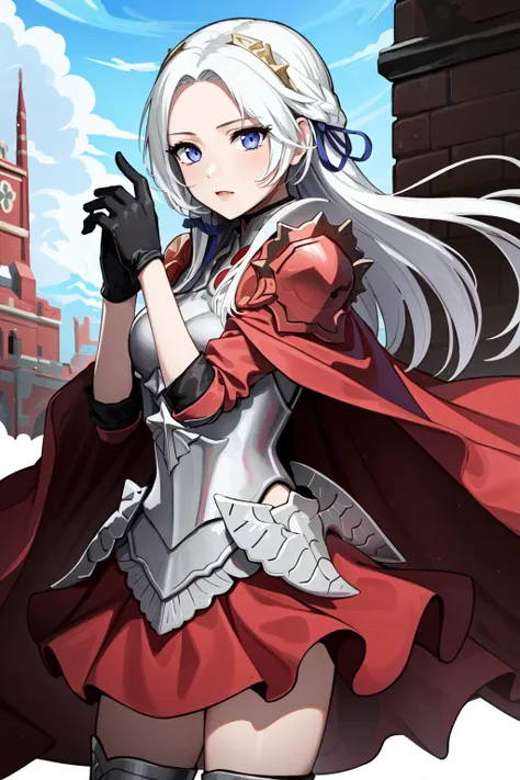 (masterpiece, best quality), intricate details, 8k, artstation, wallpaper, official art, splash art, sharp focus,
1girl, <lora:edelgard-nvwls-v1-final:0.8> edelgard_hopes, hair ribbon, hair ornament, armor, red cape, armored skirt, black gloves, armore...