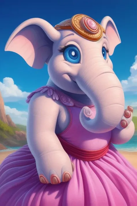 a close up of an elephant in a dress on a beach