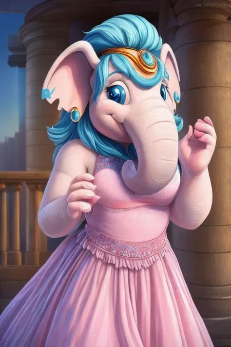 a close up of a cartoon elephant in a dress with a blue hair