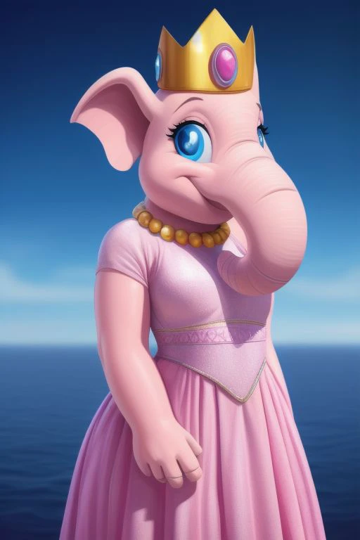 a close up of a cartoon elephant wearing a dress and a crown