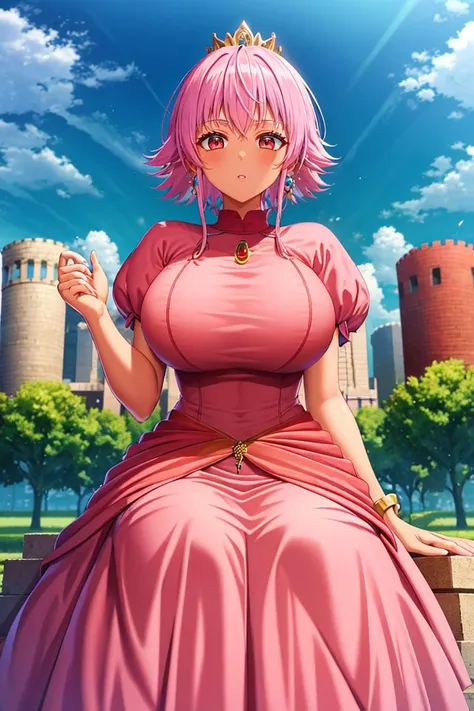 a woman in a pink dress sitting on a bench in front of a castle