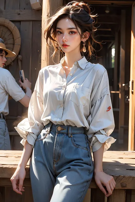 araffe woman in a white shirt and blue jeans posing for a picture