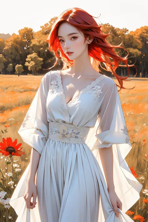 a woman with red hair and a white dress in a field of flowers