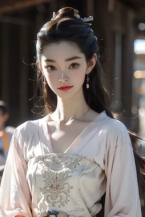 a close up of a woman in a white dress with a red flower in her hair