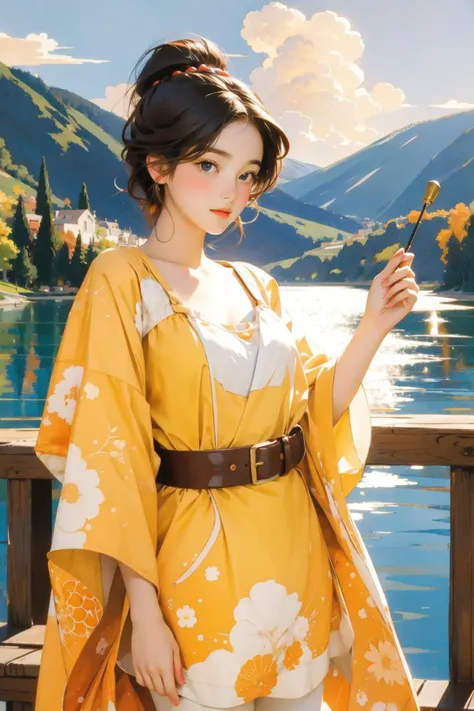 a woman in a yellow kimono standing on a bridge