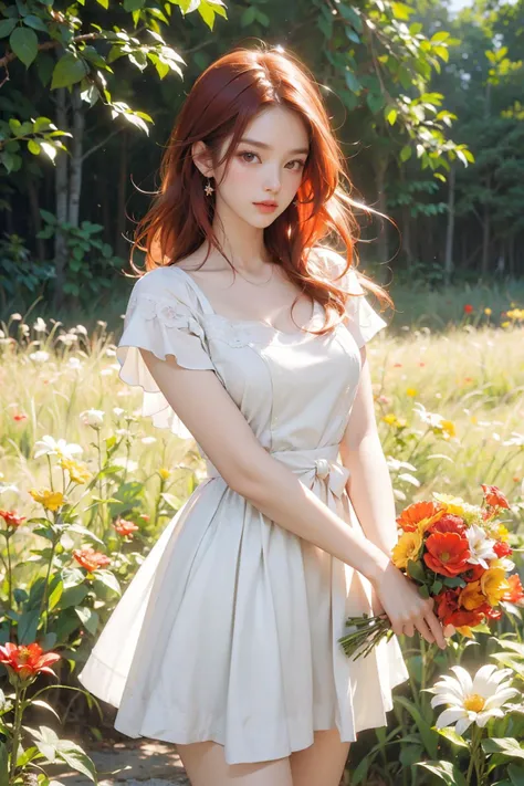 a woman in a white dress holding a bouquet of flowers