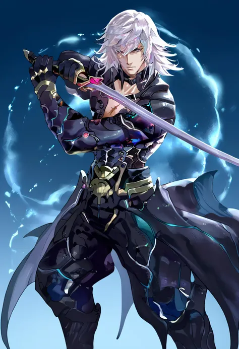 a man with white hair and a sword in his hand