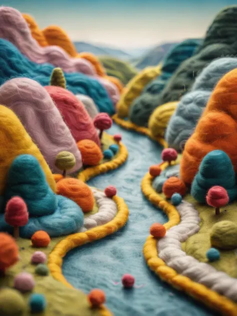 a close up of a colorful felt village with trees and houses