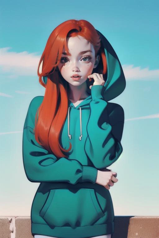 a woman with red hair and a green hoodie standing on a ledge