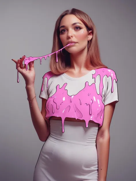 araffe woman in a white dress holding a pink toothbrush