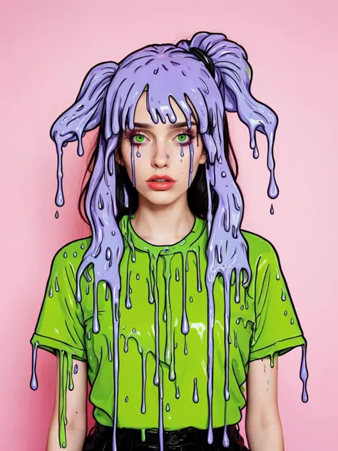 a woman with purple hair and green shirt with dripping paint on her face