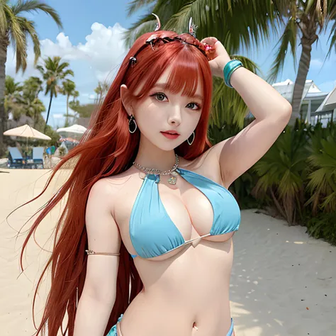 fantasy art, a statue,((young girl)), (red hair),((seaside)), (beach),((bared abdomen)),(navel), ((dancing)),masterpiece, best quality, detailed, masterpiece, best quality, nilou (genshin impact), long hair, jewelry, blue gemstone, earrings, horns, crown, ...