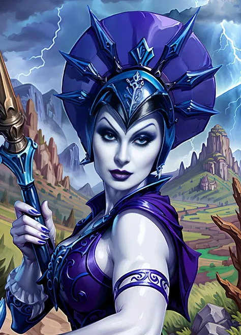 cowboy shot, ((masterpiece)), ((highly detailed)), ((best quality)), realistic, evil_lyn, beautiful woman, HHUD, <lora:HUD3:0.8>, with heavy makeup, (pale skin:1.3), holding a wand, ((blue)) and purple outfit, beautiful eyes, perfect eyes, perfect hands, (...