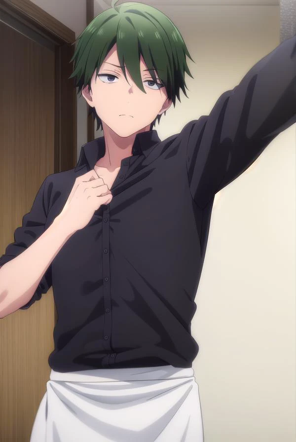 kouyouakizuki, <lora:kouyou akizuki s1-lora-nochekaiser:1>,
kouyou akizuki, ahoge, male focus, green hair, (black eyes:1.5),
BREAK shirt, apron, waist apron, waiter, shirt, white shirt, collared shirt,
BREAK indoors, restaurant,
BREAK looking at viewer, (c...