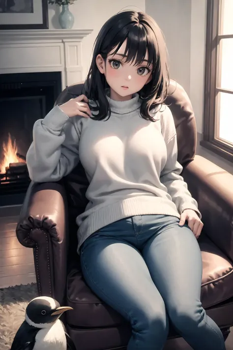 masterpiece, best quality, 1girl, penguins, sweater, jeans, room, armchair, fireplace,