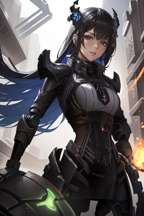 a woman in a futuristic outfit holding a gun and a fire