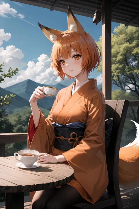 masterpiece, best quality, 1girl, short orange hair, bangs, fox ears, orange kimono, table, tea, majestic forest, lush clouds