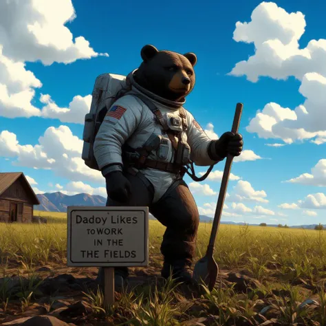 Create an image of a bear wearing a space suit, standing in a field and hoeing the soil with a long-handled tool. The background should be a bright blue sky with fluffy white clouds.
The bears space suit should have a American flag patch on the shoulder,
I...